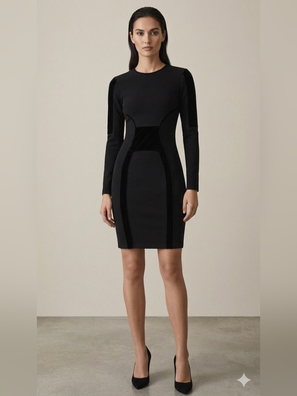 Reiss Tiger Black Long Sleeve Bodycon Dress With Velvet Detailing